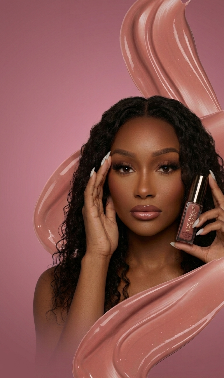 Woman holding a makeup product with a pink background