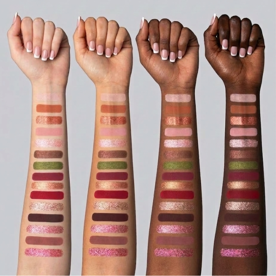 Four arms with different skin tones displaying a variety of eyeshadow swatches.