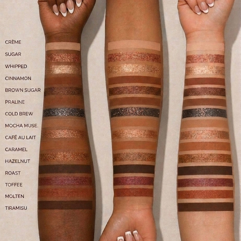 Three forearm swatches display multiple eyeshadow color stripes labeled in French, including Crème, Sugar, Whipped, Cinnamon, Brown Sugar, Praline, Cold Brew, Mocha Mousse, Câfe au Lait, Caramel, Hazelnut, Roast, Toffee, Molten, and Tiramisu.